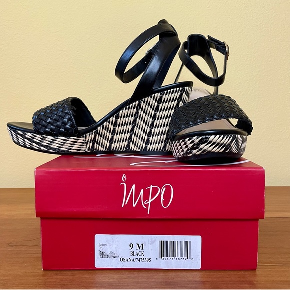 Impo Wedge Platform Chevron Print Heel Black Cream Faux Leather Ankle Strap 9M - Picture 8 of 11